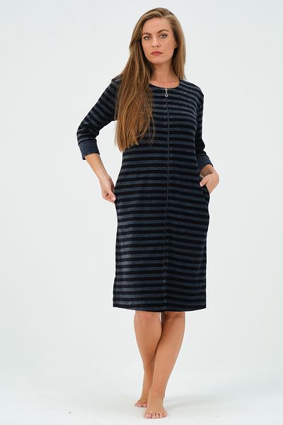 İntensive Rochie de damă din catifea în dungi albastru bleumarin cu buzunare cu fermoar