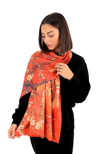 Bursa İpek Orange Almond Blossom Pattern Winter Shawl