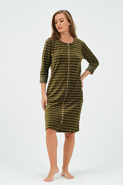 İntensive green striped zippered velvet dress with pockets