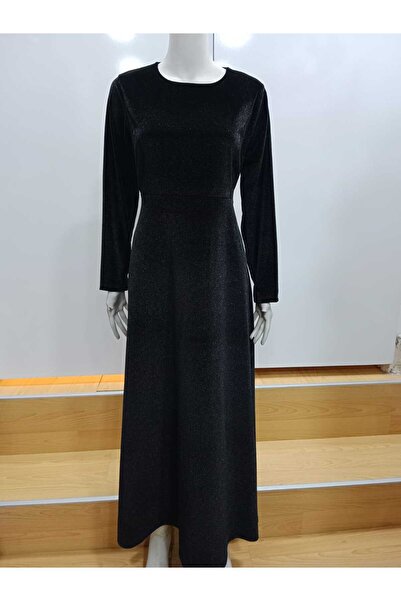 NUR TEKSTİL kadın siyah kore kadifesi kumaş pırıltılı simli kloş beli kuşaklı elbise