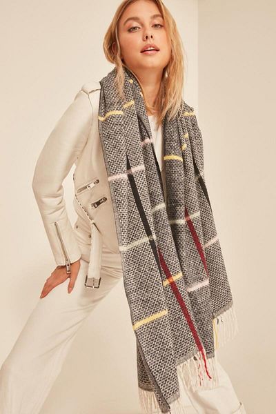 Axesoire 13801 Model Soft Textured Navy Blue Square Striped and Tasseled Thick Shoulder Shawl Scarf