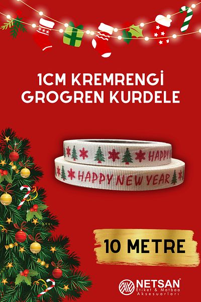 Netsan Etiket Χριστουγεννιάτικο Θέμα 1cm Κρεμ Χρώμα Grosgrain Κορδέλα 10mt.