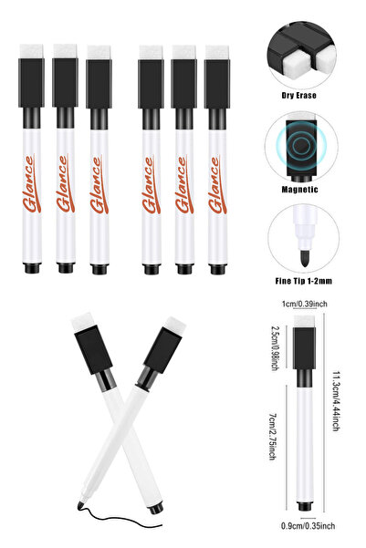 GLANCE Manyetik Beyaz Siyah Tahta Kalemi 6'lı Set
