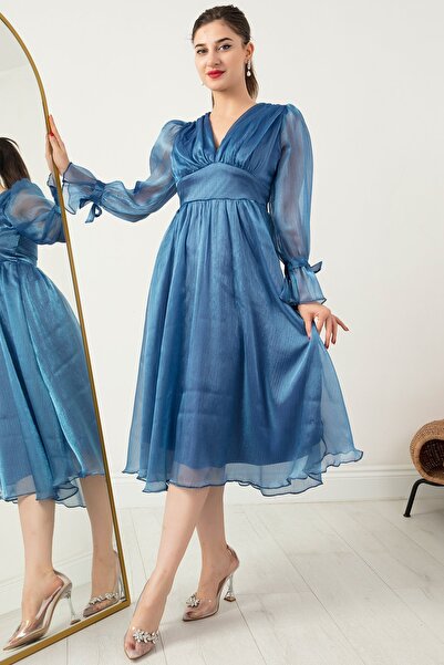 PULLIMM V Yaka Kol Detay Parıltı Şifon Midi Abiye Elbise 13433