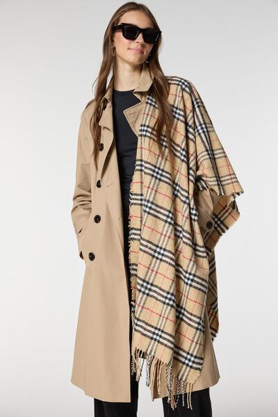 Axesoire 13814 Yumuşak Dokulu Püsküllü Ekose Desen Safran Kalın Omuz Şal Atkı