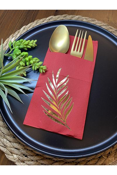 kidspartim Gold Gilded Red Leaf Pocket Napkin 12 Pieces 40x40