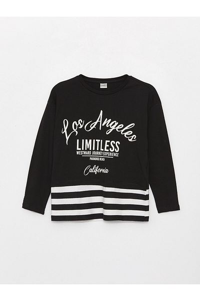 LC Waikiki Long Sleeve Printed Girl's T-Shirt - Crew Neck