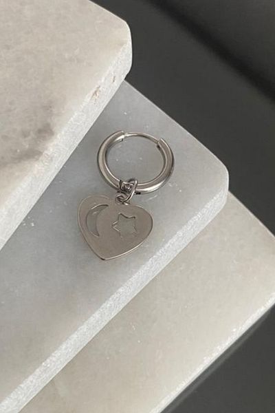 Jaida Moda Unisex Silver Color Heart Figure Dangle Steel Hoop Earrings