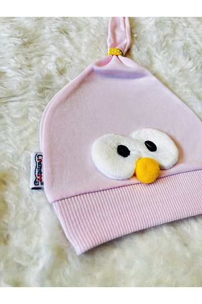 anne dokunuşu gibi KUZUM BEBE Pink and White Chick Figured 2-Piece Baby Girl and Boy Combed Cotton Hat Beanie