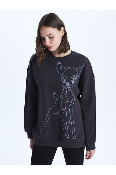 LC Waikiki Hanorac de damă supradimensionat cu mânecă lungă cu imprimeu Bambi, cu gât crew