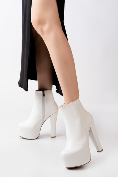 MASSOLE White Leather Platform Boots Ten New Season Stylish Evening Dress Women's Heeled Shoes Premium Model