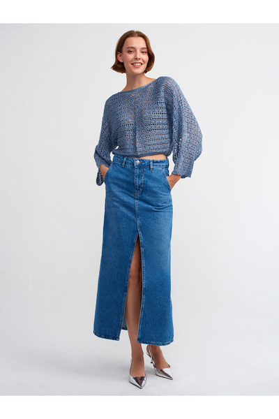 Dilvin 10439 Pulover cu mâneci kimono cu sclipici-indigo