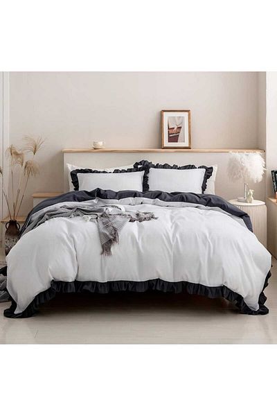 eyma home 100% Cotton double color ruffle double bedding set 4 pieces