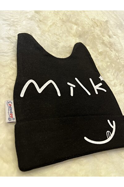 anne dokunuşu gibi KUZUM BEBE Siyah Milk Figürlü Kız Erkek Bebek Çocuk Penye Şapka Bere