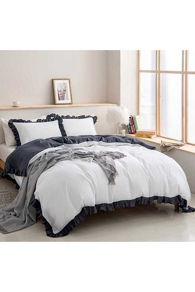 eyma home 100% Cotton double color ruffle double bedding set 4 pieces