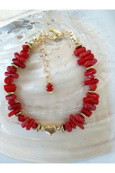 By Song Aksesuar New Year's Christmas Bracelet Red Coral Natural Stone
