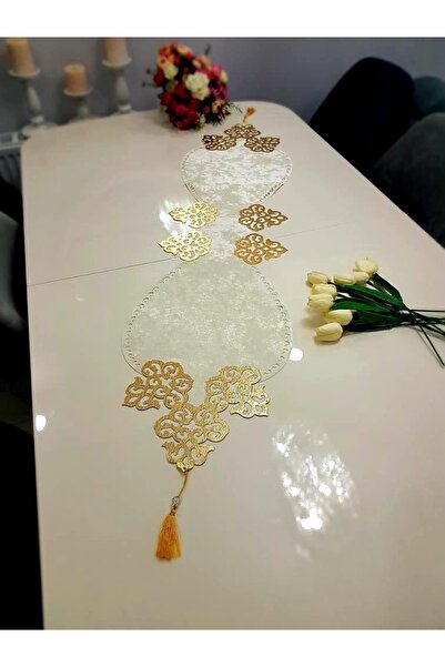 KEÇECİ ŞEYDA Kadife Krem Gold Deri Işlemeli Masa Runner (1 Runner 120x30cm)