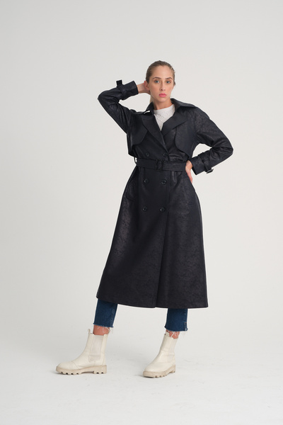 Soydan Güner Suni Deri Reglan Kol Uzun Trençkot Lacivert 5790