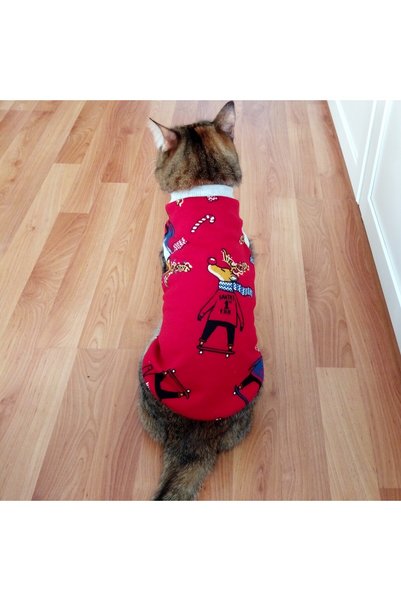 stylie Yılbaşı Desenli Kırmızı Kolsuz Kedi Köpek Giysisi, Küçük, orta, büyük ırk, şardonlu kışlık kıyafet