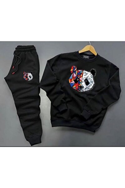 NO 601 طقم بدلة رياضية مطبوعة بطبعة باندا سوداء وياقة دائرية