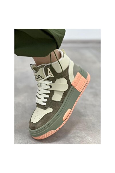 Guja 23K358 Kadın Yeşil Hakiki Deri Kalın Platform Taban Outdoor Ortopedi Sneaker Ayakkabı Yarım Spor Bot