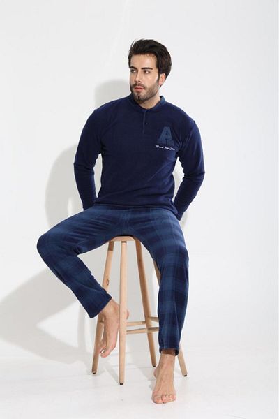 MEBA Ανδρικό Σετ Πιτζάμες Φλις Φλις Χειμερινό Navy Blue με γιακά