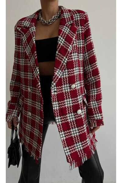 CurcunaShop Jachetă blazer din tweed roșu închis căptușită cu nasturi în față