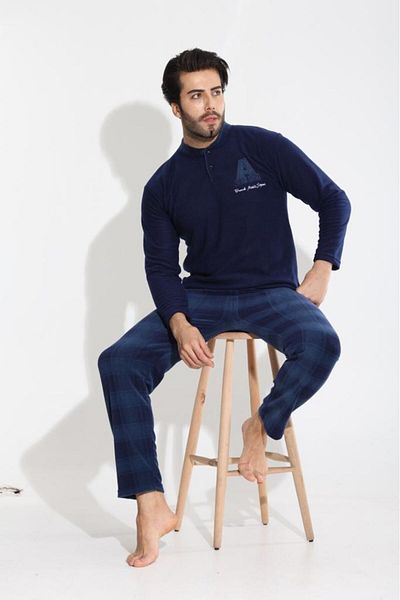 MEBA Ανδρικό Σετ Πιτζάμες Φλις Φλις Χειμερινό Navy Blue με γιακά