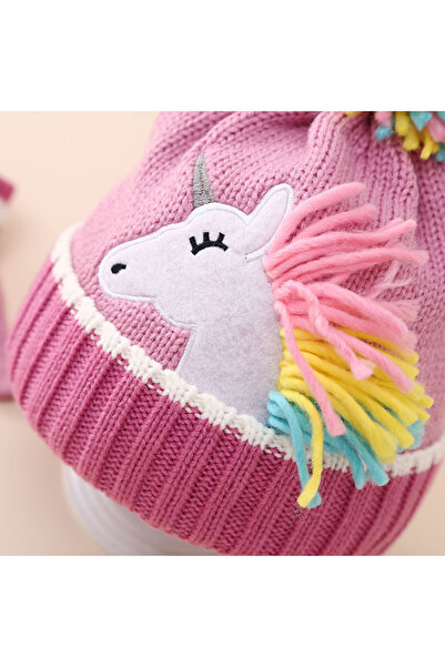 Petityu unicorn aplikeli örme bere ve eldiven ikili set