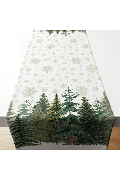 Tataroğlu Dijital Kumaş YILBAŞI-Ortası Kar Taneli Köşeli Çam Ağaçlı Yılbaşı Runner