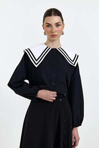 Lathine Geniş Yaka Poplin Siyah Tunik