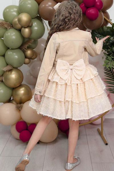 Riccotarz Girl's Butterfly Patterned Denim Jacket and Wrapped Sleeveless Cream Dress