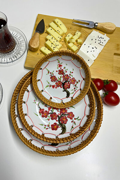 caMekan Dekoratif Tabak Seti (3lü Set) Sunum Tabağı Kırmızı Çiçekli Seramik R...