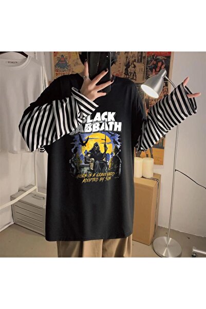 Toum تيشيرت أسود مطبوع بأكمام وهمية للجنسين من Black Sabbath