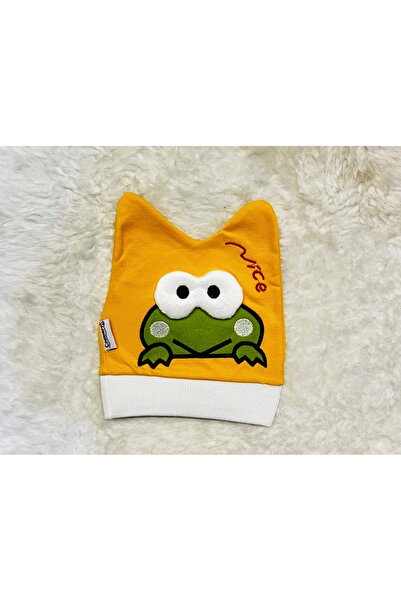 anne dokunuşu gibi KUZUM BEBE Mavi Sarı Gri 3’'lü Kurbağa Figürlü Kız Erkek Bebek Çocuk Penye Şapka Bere