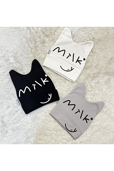 anne dokunuşu gibi KUZUM BEBE Siyah Beyaz Gri 3’'lü Milk Figürlü Kız Erkek Bebek Çocuk Penye Şapka Bere