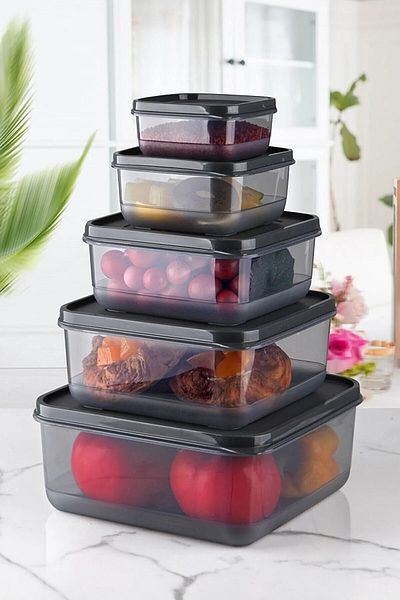 Çavdar Group Ruby 5-Piece Storage Container Set Square Food Storage Container Set 0.25-0.5-1.0-1.7-2.5 Liter