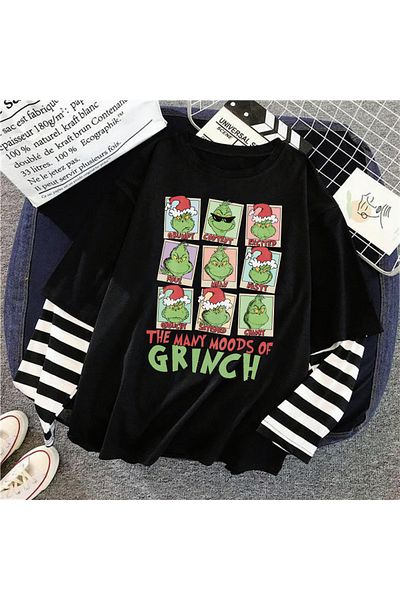 Touz Черна унисекс тениска с коледни щампи с фалшиви ръкави на Grinch