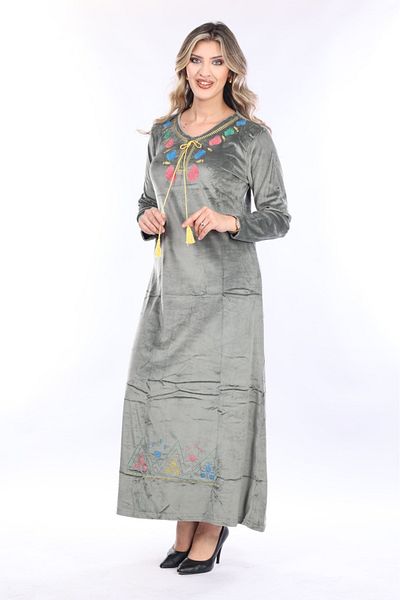 mervemoda Γυναικείο Χακί Κέντημα Λεπτομερές Φόρεμα Γκρι