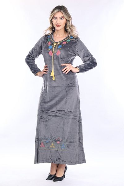 mervemoda Women's dark gray embroidery embroidery detailed velvet dress