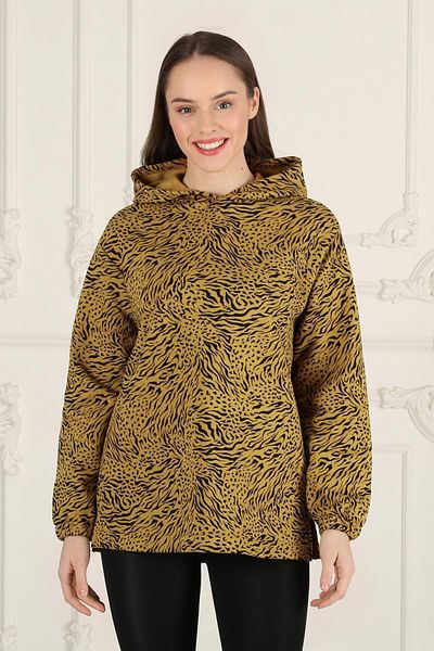 Seamoda Mustard Zebra Patterned Hooded Large Size Women's Sweatshirt