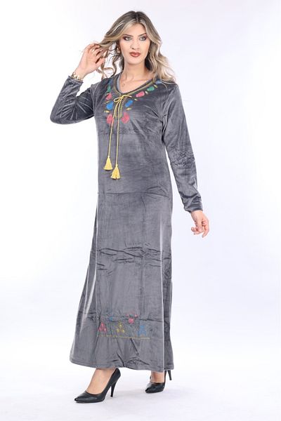 mervemoda Women's dark gray embroidery embroidery detailed velvet dress