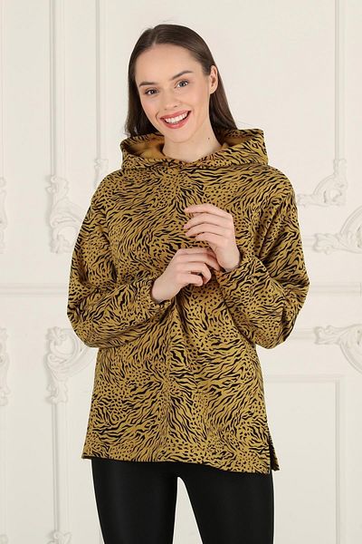 Seamoda Mustard Zebra Patterned Hooded Large Size Women's Sweatshirt