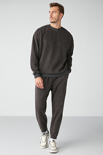GRIMELANGE Benedict Men's Fleece Fabric Thick Textured Pocket Anthracite Sweatpants