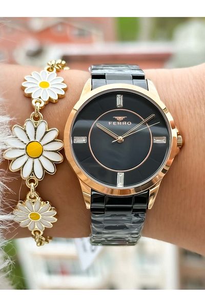 FERRO Brand New Season Black Color, Steel Strap, Women's Wristwatch+Bracelet