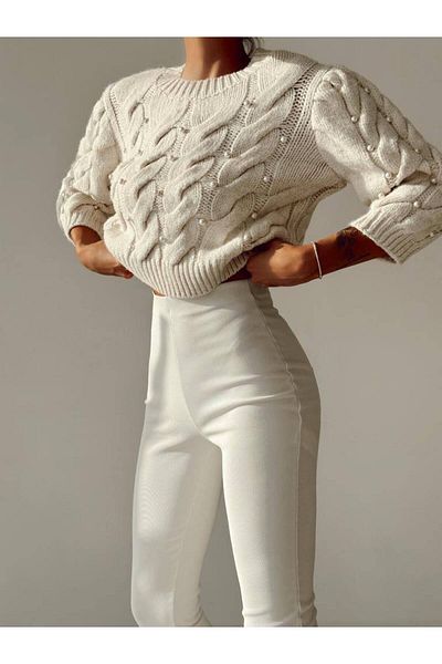 kiari Pearl Detailed Cream Thick Women's Sweater
