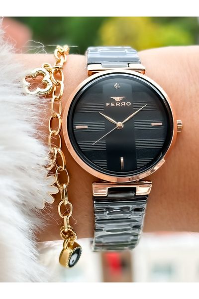 FERRO Brand New Season Rose Color, Steel Strap, Simple Model Women's Wristwatch + Bracelet in Box
