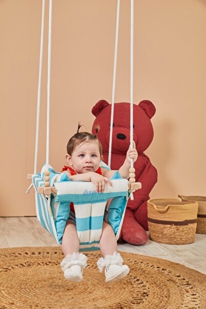 Svava Plus Ahşap Bebek Salıncak, Tavana Asılan Çocuk Salıncağı TURKUAZ & BEYAZ