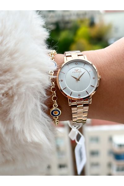 FERRO Brand New Season Rose Color, Steel Strap, Simple Model Women's Wristwatch + Bracelet in Box