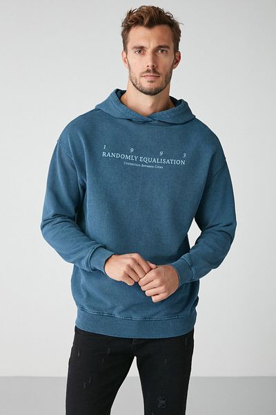 GRIMELANGE Copper Men's Faded Effect Printed Fleece-Free Hooded Sweatshirt